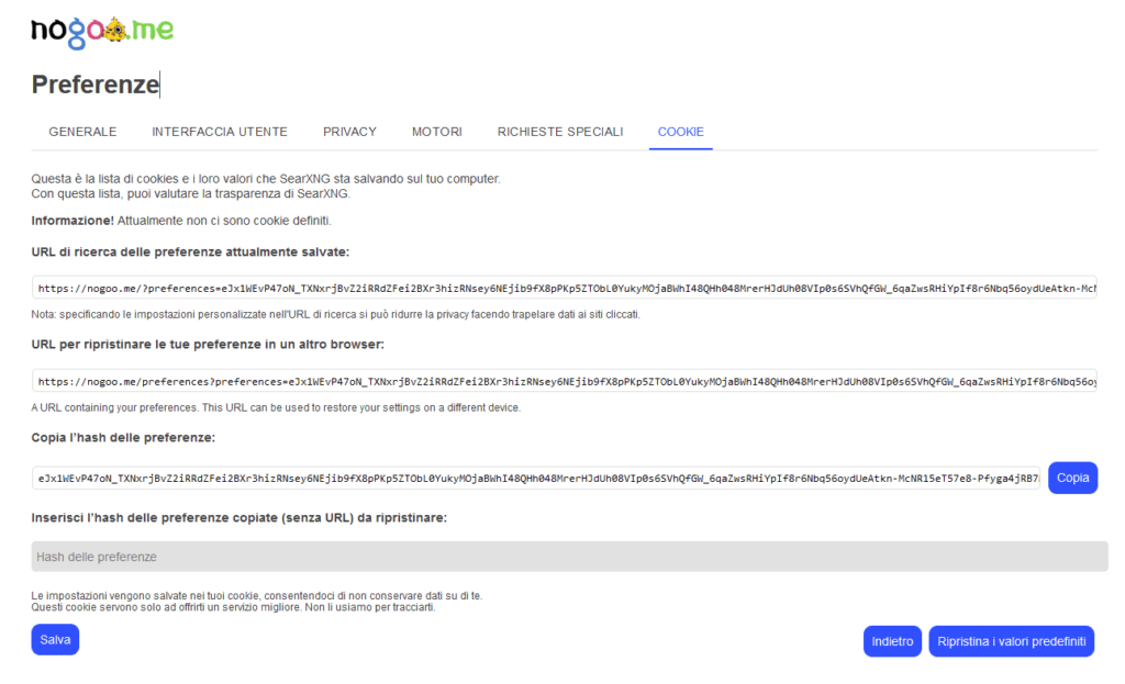 SearX Settings Cookie