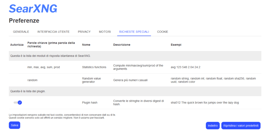 SearX Settings Richieste speciali