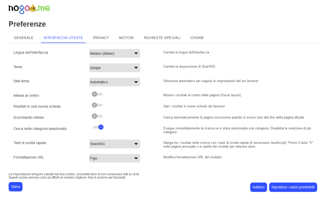 SearX Settings interfaccia