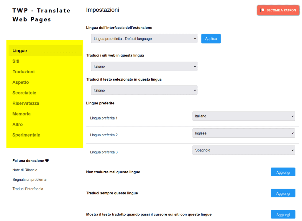 TWP Impostazioni