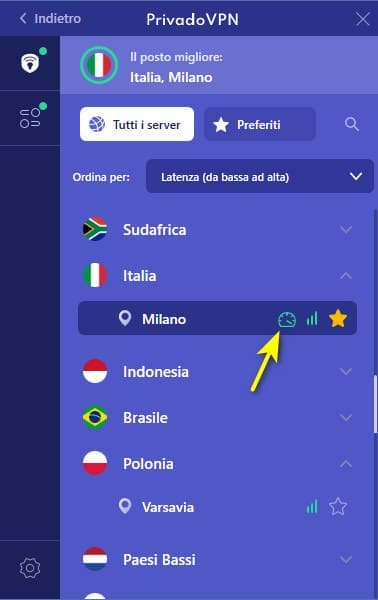 PrivadoVPN Inizio Test Velocità