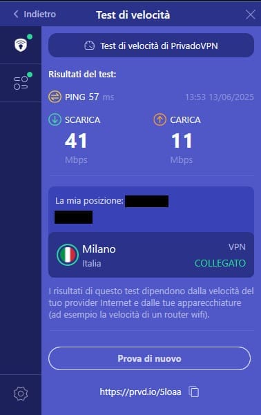 PrivadoVPN Test velocità