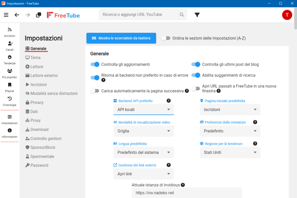 FreeTube impostazioni