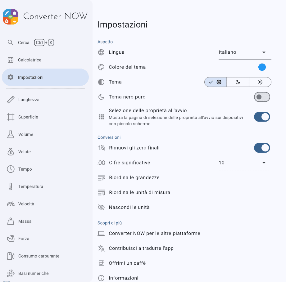 Converter NOW impostazioni 
